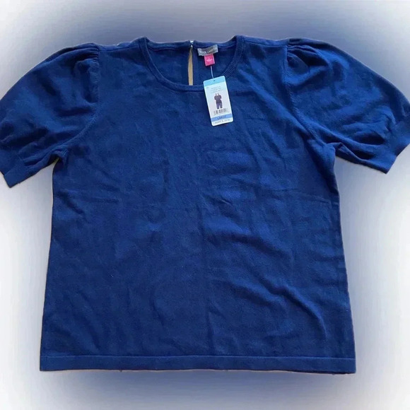 Vince Camuto women’s new short sleeve knit sweater top peep hole pearl button L - Picture 1 of 11